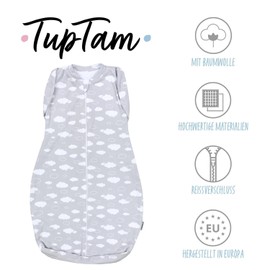 TupTam Baby Swaddling Bag, Oeko-Tex Certified Materials, Padded Baby Sleeping Bag, 2.5 Tog, Unisex, Unpadded 0.5 tog / clouds grey