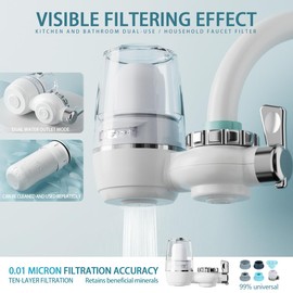 Dual-Use Faucet Water Filter, 0.01 Micron Filtration, Universal Kitchen and Bathroom Filter with Manual Switch, White