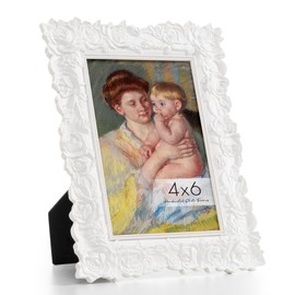 Axeman Vintage Picture Frames 4x6 White | Antique 4 x 6 Picture Frame with Real Glass | Ornate Rose 4 x 6 Picture Frame for Wall & Tabletop Display | Retro White 4x6 Frame