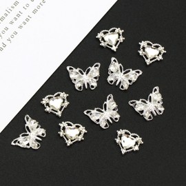 Shiny Alloy Butterfly Nail Charms, YAEISM 10Pcs Silver Butterfly Charms for Nails and 3D Hearts Nail Rhinestones Metal Nail Gems Shiny Crystal Charms for Women Nail Art and DIY Jewelry Decoration