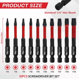 Bit Set for Cordless Screwdriver Torx Bit Set Long Magnetic 65 mm Bit Set 10 Pieces S2 Steel Screwdriver Bit Set 1/4 Inch Hex Shank Black Phosphide Impact Wrench Bits