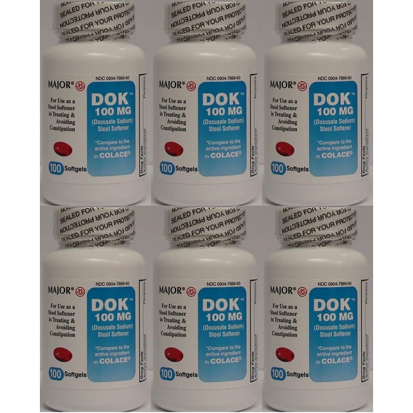Docusate Sodium 100 mg Softgels for Gentle, Reliable Relief from Occasional Constipation Generic for Colace 100 Softgels per Bottle Pack of 6 Bottles Total 600 Softgels
