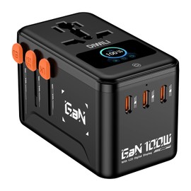 DIWILI 100W GaN Universal Travel Adapter with Smart Display, International Power Adapter with 3 USB-C & 1 USB-A Charging Ports, Worldwide Plug Adapter for European US UK AUS (Type C/G/A/I)