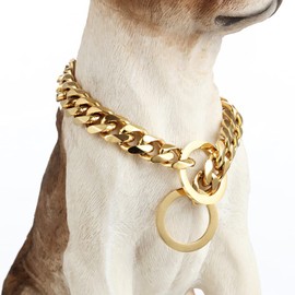 RUMYPET Gold Dog Collar 18K Gold NK P Chain 11MM/15MM/19MM Cuban Link Chain Collar Walking Trainning for Small Medium Large Dogs 12inch to 26inch(15mm,26inch)