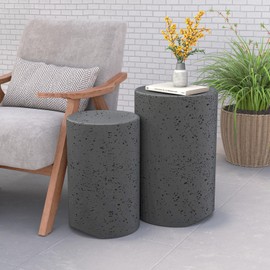 COSIEST Concrete Side Table, Set of 2 Round Outdoor Side Tables, Decorative Garden Stools for Indoor Outdoor, Accent Table Patio Side Table End Table w Spotted, Nesting, Dark Grey