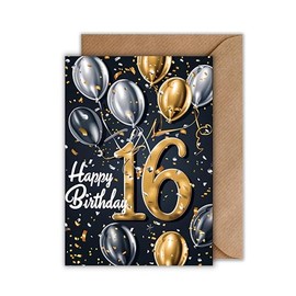 WBdesignz 16th Birthday Card - A6 - Happy Birthday 16 with Balloons & Confetti - Modern Card for Teens, Girls, Boys, Friends & Girlfriends
