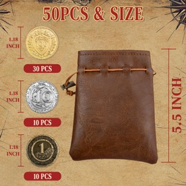 Byhoo 50 PCS Metal DND Coins, 1.2" Gold Silver Copper Tokens with Face Value for Board Game and Tabletop RPG, Fantasy Metal Coins for Pathfinder,Pirate Game Party Cosplay