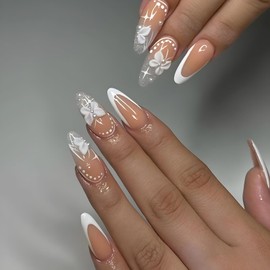 French Tip Press On Nails - Medium Almond, Glossy Butterfly False Nails, 24Pcs