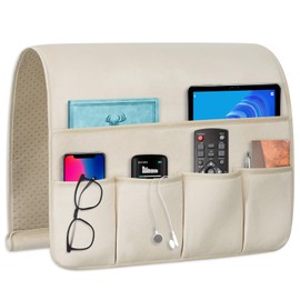 WETRBWEH Remote Control Holder for Armchair，Couch Caddy Organizer TV Remote Holder for Bed Storage 5 Pockets，Remote Caddy Bedside Organizer Bedside Table Organizer (Beige, 35''x18'')