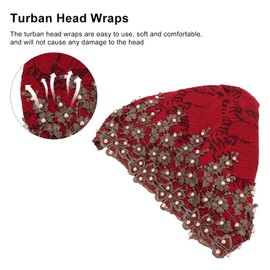 Turban Head Wraps, Vintage Embroidered Muslim Turban Hat Soft Lace Material Beaded Fleece Hair Hat for Women Daily Use and Gift (red), Turban Head Wraps Hair Turbans Muslim Turban Hat Turbans for