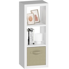 Bookshelf with Storage Bin, 3-Cube Storage Organizer, Modern Wood Open Bookcase, Multifunctional Display Shelf for Living Room, Bedroom, Home Office, White