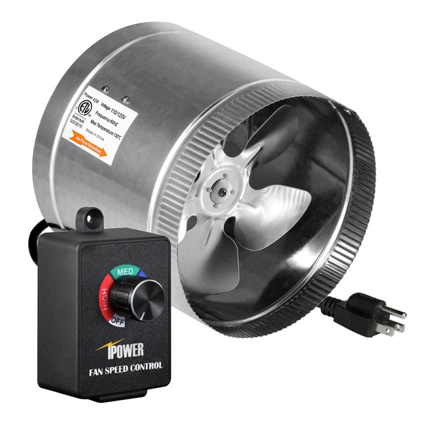iPower GLFANXBOOSTER8CTRLV1 8 Inch 420 CFM Booster Fan Inline Duct Vent Blower with Variable Speed Controller Adjuster,Low Noise,Silver
