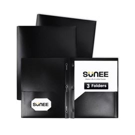 SUNEE 2 Pocket Folders with Prongs (3 Pack, Black) Plastic Folders with Pockets and Prongs Fit Letter Size, Poly Folders with Pockets for School Office Home Business