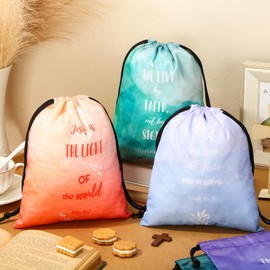 Hosuly 30 Pcs Religious Bible Verse Drawstring Bags Watercolor Christian Drawstring Gift Bags Bulk with God Quote for Baptism Christening Party Favors