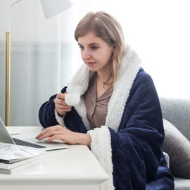 IR Imperial Rooms Sherpa Fleece Blanket Bed Throws Blankets For Sofas Soft Fluffy Thick Blanket Reversible Microfiber Throw (Navy, Single (130 x 150 Cm))