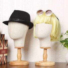 TINGSING 21" Wig Head Stand, Black Mannequin Head Hat Display Stand Wig Holder Dome Canvas + Detachable Wood Stand, Hats Caps Display Canvas Block Mannequin Head Model