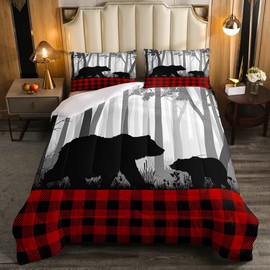 Bear Comforter Set Kids Rustic Red Black Buffalo Check Comforter for Boys Girls Farmhouse Wild Bear Bedding Set Breathable Retro Plaid Duvet Quilt Set Room Decor Full Size