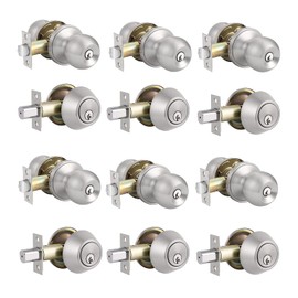 Knobonly 6 Pack All Keyed Same Entry Door Knobs with Single Cylinder Deadbolt for Exterior Front Doors, Satin Nickel Finish, Come with Same Keys
