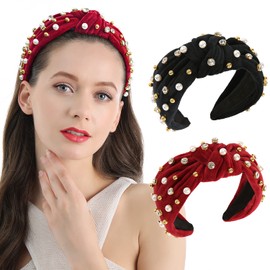 Wide Rhinestone Headband For Women Pearl Headband For Girls White Top Knot Headband With Beads For Women 2pcs