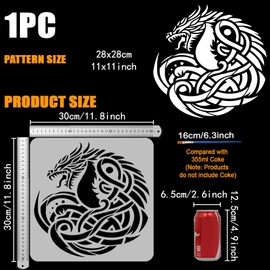 FINGERINSPIRE Dragon Stencils with a Paint Brush 30x30cm Circling Dragon Painting Stencils Reusable Coiled Dragon Pattern Stencil Circled Dragon Drawing Stencil Viking Themes Dragon Template
