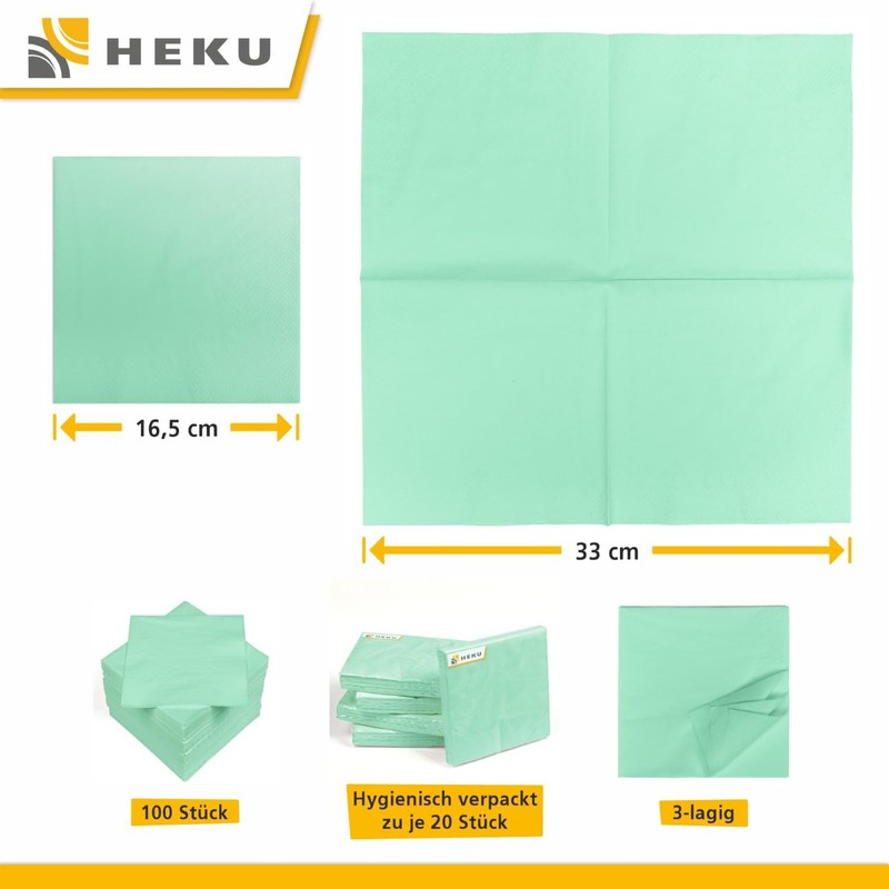 HEKU 30241-07: 100 Plain Napkins, 3-Ply, 33 x 33 cm,