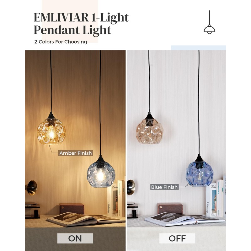 Emliviar 1-Light Pendant Lighting Hammered Glass, Modern Blue Ceiling Hanging