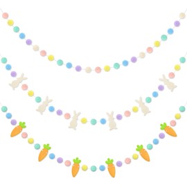 Easter Decorations Bunny Rabbit Banner Pastel Rainbow Pom Pom Colorful Felt Ball Hanging Garland for Home Indoor Living Room Wall Classroom Spring Holiday Wedding Birthday Party Decor Supplies(No DIY)