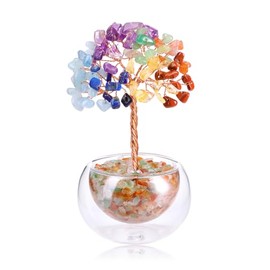 JSDDE 7 Chakra Feng Shui Baum mit Glas Basis Lebensbaum Deko Heilsteine Edelsteine Baum Geldbaum Kristallbaum Glücksbringer Spirituelle Feng Shui Deko