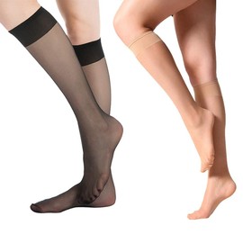MANZI 12 Pairs Women's Knee Socks Breathable Ultra-Soft 15 Denier Black Skin Colour, 6 pairs black, 6 pairs of natural