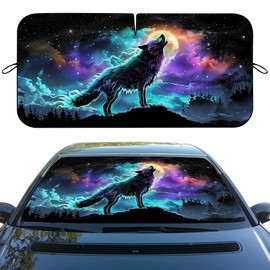 Wolf Howling Car Windshield Sunshades Full Moon Neon Psychedelic Heatshield Front Window Car Sun ​Shade Windshield Blocks UV Rays Sun Visor Protector for Car Sedan Truck SUV Accessories 59x31.5 Inch