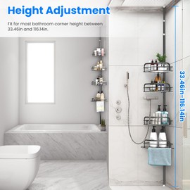 Moclever Rust-Resistant Corner Shower Caddy w/4 Height Adjustable Shelves, Tension Pole,Towel Bar,Hanging Hooks,Floor Standing Bath Storage Rack (8.66-116.14IN)–Ideal for Bathroom, Kitchen, Closet, RV