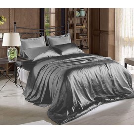 Hight Thread Count Solid Color Soft Silky Charmeuse Satin Luxury and Super Soft Bed Sheet Set Or Pillowcase (Dark Grey, King)