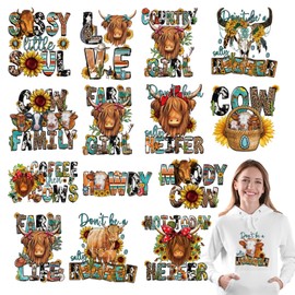 Whaline 15Pcs Western Iron On Transfer Patches ​​Highland Cow Watercolor Heat Transfer Iron Patches ​​Western Floral Farm Cow Heat Transfer Vinyl Stickers for DIY Crafts Clothing Fabric