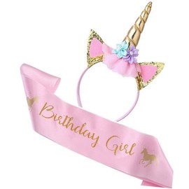 TAXTYHRE Unicorn Headband, Birthday Sash, Unicorn Headband with Horn Ears and Flowers, Women Girls Birthday Hair Accessories for Easter Party Carnival Party Accessories