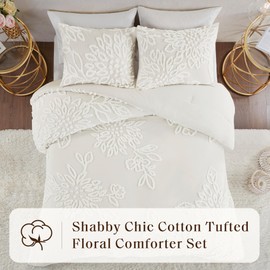 Madison Park Queen Comforter Set Floral Chenille Tufted Cotton Comforter for Queen Size Bed, Soft & Lightweight Down Alternative Queen Bedding Set, Shams, Veronica, Full/Queen Off White 3 Piece
