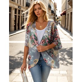 Women's Floral Print Kimono Cardigan Puff Sleeve Loose Cover Up Casual Blouse Tops,(Series 01-Dark Grey,XL)