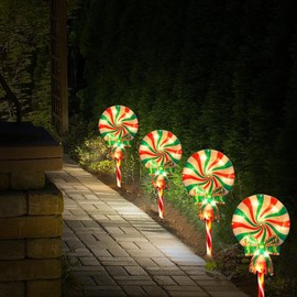 4-Pack Pathway Lights, Strawberry Jumbo C9 Christmas Pathway Lights Outdoor, Lollipop with Bow Christmas Lights,Christmas Decorations for Outdoor Patio Yards Driveway (Lollipop with Green Bow)