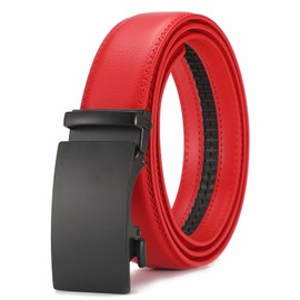 Glamicci Men's Leather Ratchet Belt-Adjustable Auto Buckle | for Casual, Jeans, Business,Suits, Work-width 3.5cm 1 3/8 inch (Red StrapType-02| Buckle-52, L:Up to 40”Waist Adjustable(125cm))