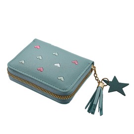 Vbxvsa Short Small Ladies Wallet Coin Purse with Blue Zip and Heart Embroidery ID Card Holder, blue, Casual