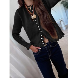 Saodimallsu Womens Ruffle Cardigan Sweaters Button Up Crew Neck Long Sleeve Cropped Sweater Cute Soft Knit Tops Black