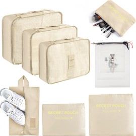 Wirvyuer Suitcase Organiser Set 7-Piece Travel Clothes Bags Waterproof Storage Bag Packing Cube Packing Bag Travel Bag Suitcase Organiser Packing Cubes Set for Suitcases on Holiday Beige