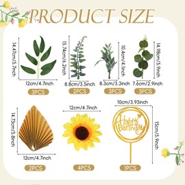 18 Stück Blumen Boho Kuchen Deko, Sonnenblume Kuchen Topper, mit Gold alles Gute zum Geburtstag Kuchen Topper Sonnenblume Golden Palm Eukalyptus Blätter, für Geburtstag, Hochzeit, Babyparty