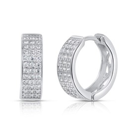 .925 Sterling Silver Cubic Zirconia Huggie Hoop Earrings (Triple Row CZ)