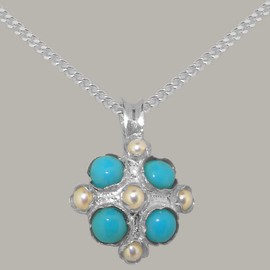 925 Sterling Silver Pendant & Chain Necklace with Cultured Pearl & Turquoise Womens Vintage Pendant & Chain Necklace - Chain length 16