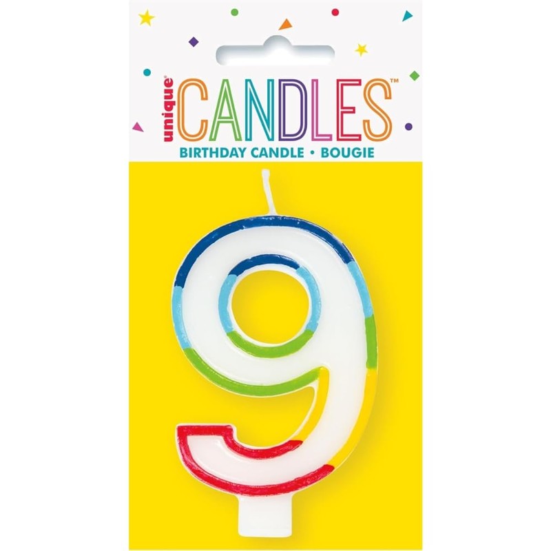 Unique Vibrant Rainbow Border Number "9" Birthday Candle - Multicolored