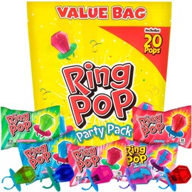 Ring Pop Ring Pop Lollipops, 20 Count Bulk Candy Variety Pack, Individually Wrapped Candy for Kids, Fun for Party Favors, Birthdays, Valentine's Day & Goodie Bags