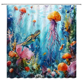 ZWSMZW Nautical Turtle Shower Curtain Jellyfish Tropical Fish Coral Coastal Underwater Watercolor World Marine Life Ocean Theme Bathroom Decor Curtains with Hooks 70" Wx70 L