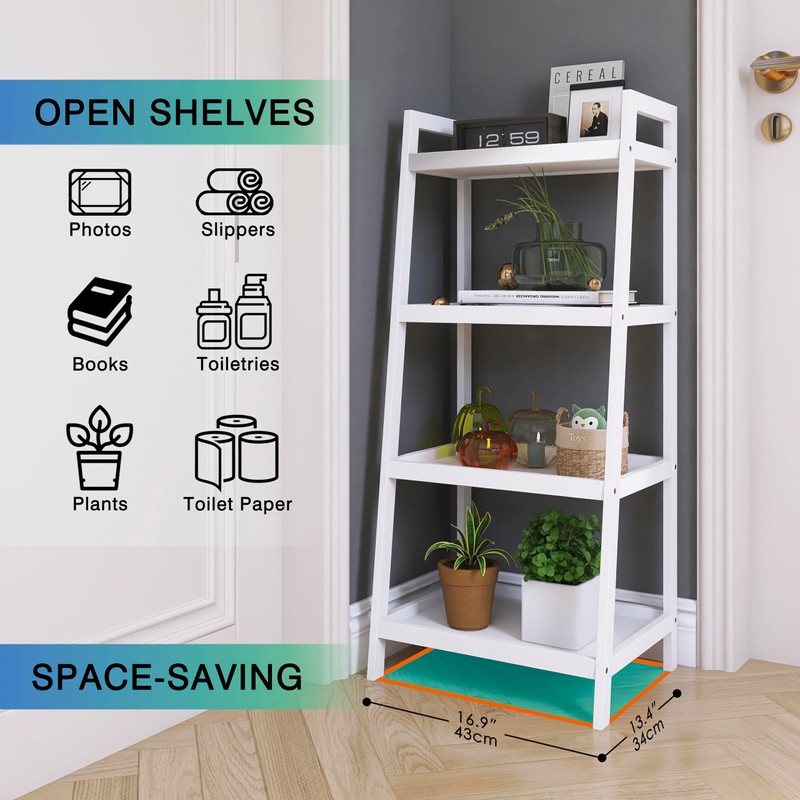 SMIBUY Bamboo Ladder Bookcase, Bathroom Storage Rack Organizer, 4 Tier