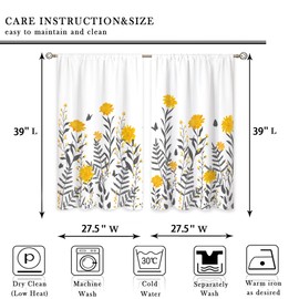 oolygoo Yellow & Gray Flower Small Kitchen Curtains Floral Window Treatment Wildflower Rod Pocket Cafe Short Window Curtains for Bathroom Dining Laundry Room Plant Tier Treatment Drapes 27.5x39 inch