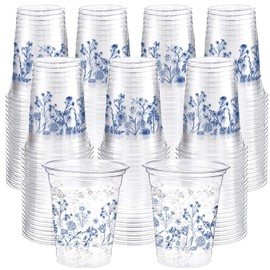 Jingmore 100 Pcs Blue Floral Plastic Cups 12 oz Blue White Wildflowers Disposable Clear Plastic Drinking Cups Bulk for Floral Summer Spring Birthday Bridal Shower Wedding Party Decorations Supplies